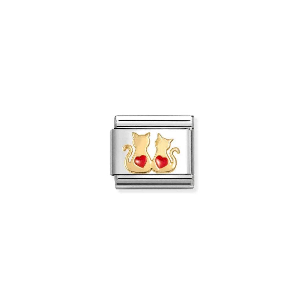 Nomination Gold and Red Composable Classic Symbols Steel, Enamel with Double Hearts Cats Charm Image