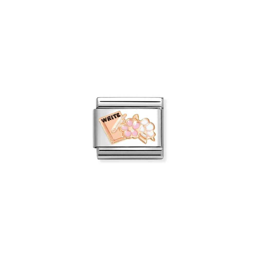 Nomination Rose Gold Composable Classic Symbols Steel, Enamel and Writing Book with Flowers Charm Image