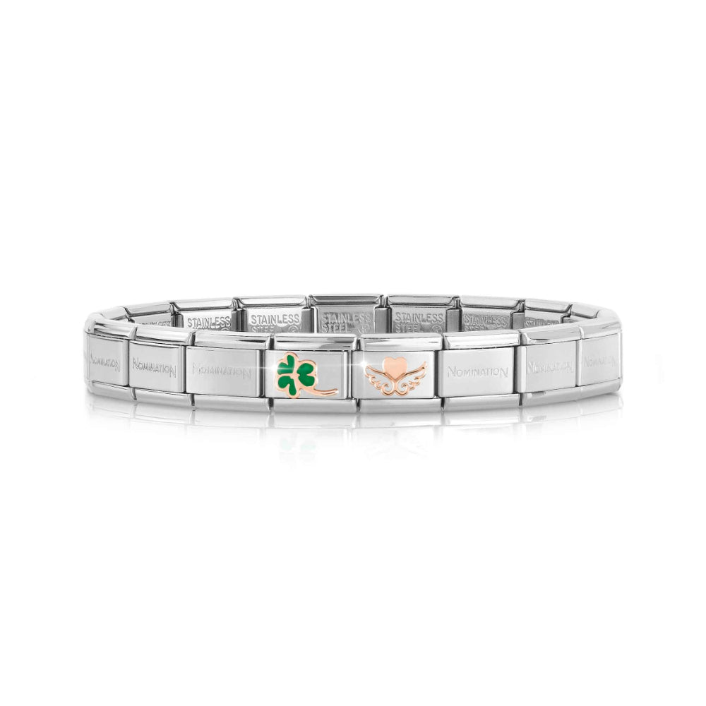 Nomination Silver and Rose Gold Composable Classic Clover + Winged Heart Link image