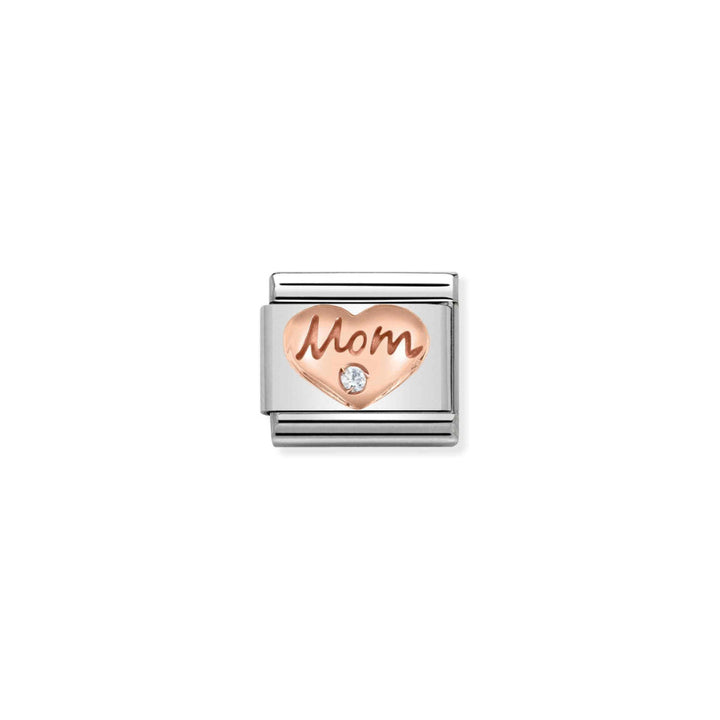 Nomination Silver and Rose Gold Composable Written Heart with Mom Zirconia Stone Charm Link image