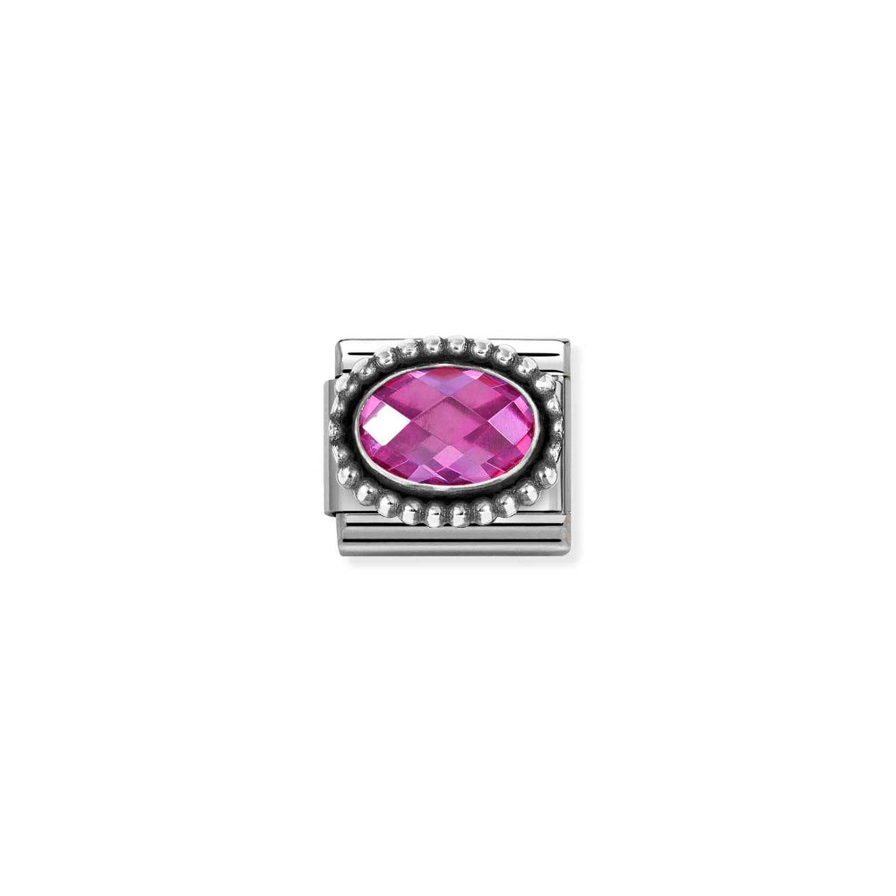 Nomination Silver Composable Faceted CZ, Steel with Oxidized Oval Beaded Rich Setting Fuchsia Charm Image