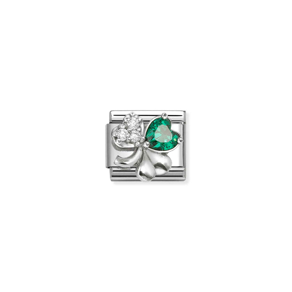 Nomination Silver, Rich White and Green Composable Classic Love Symbols Steel, CZ and Clover Charm Image