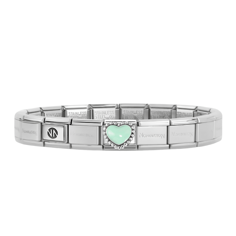 Nomination Silver Starter Bracelet With Pastel Green Raised Heart Charm - MococoNominationBracelets
