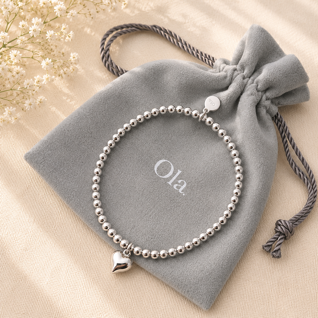 Ola Silver Puffed Heart Beaded Bracelet