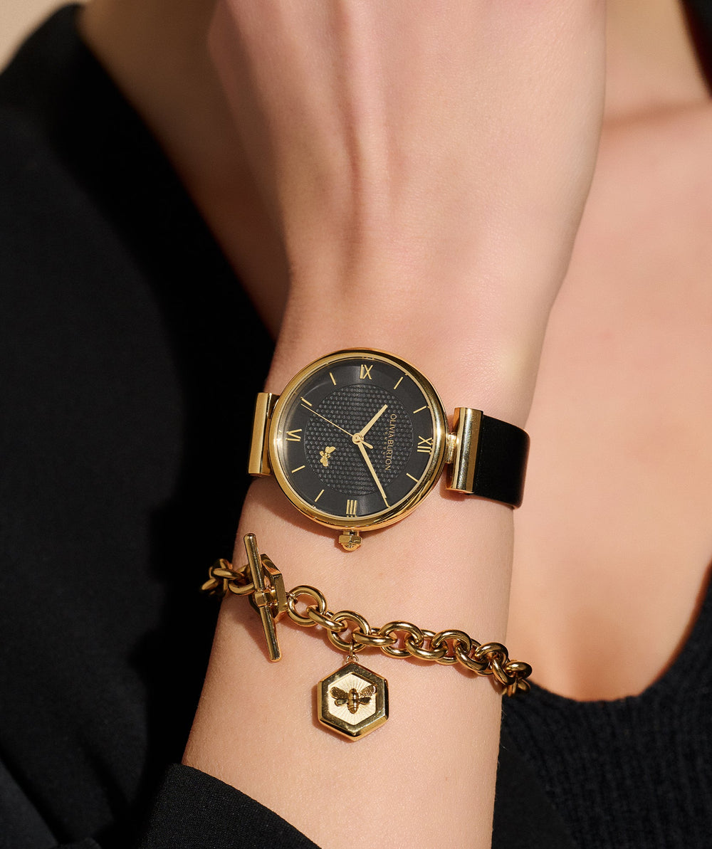 Olivia Burton Gold and Black Minima Bee Leather Strap Watch - MococoOlivia Burton240000997613272561723Watches and Accessories