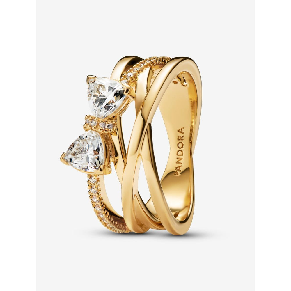 Pandora 14K Gold Plated Sparkling Bow & Crossover Band Ring Image 1