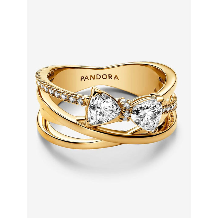 Pandora 14K Gold Plated Sparkling Bow & Crossover Band Ring Image 5
