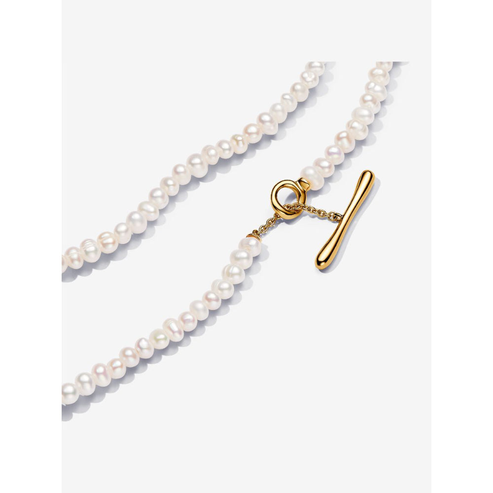 Pandora 14K Gold Plated Treated Freshwater Cultured Pearls T - Bar Collier Necklace Image 4
