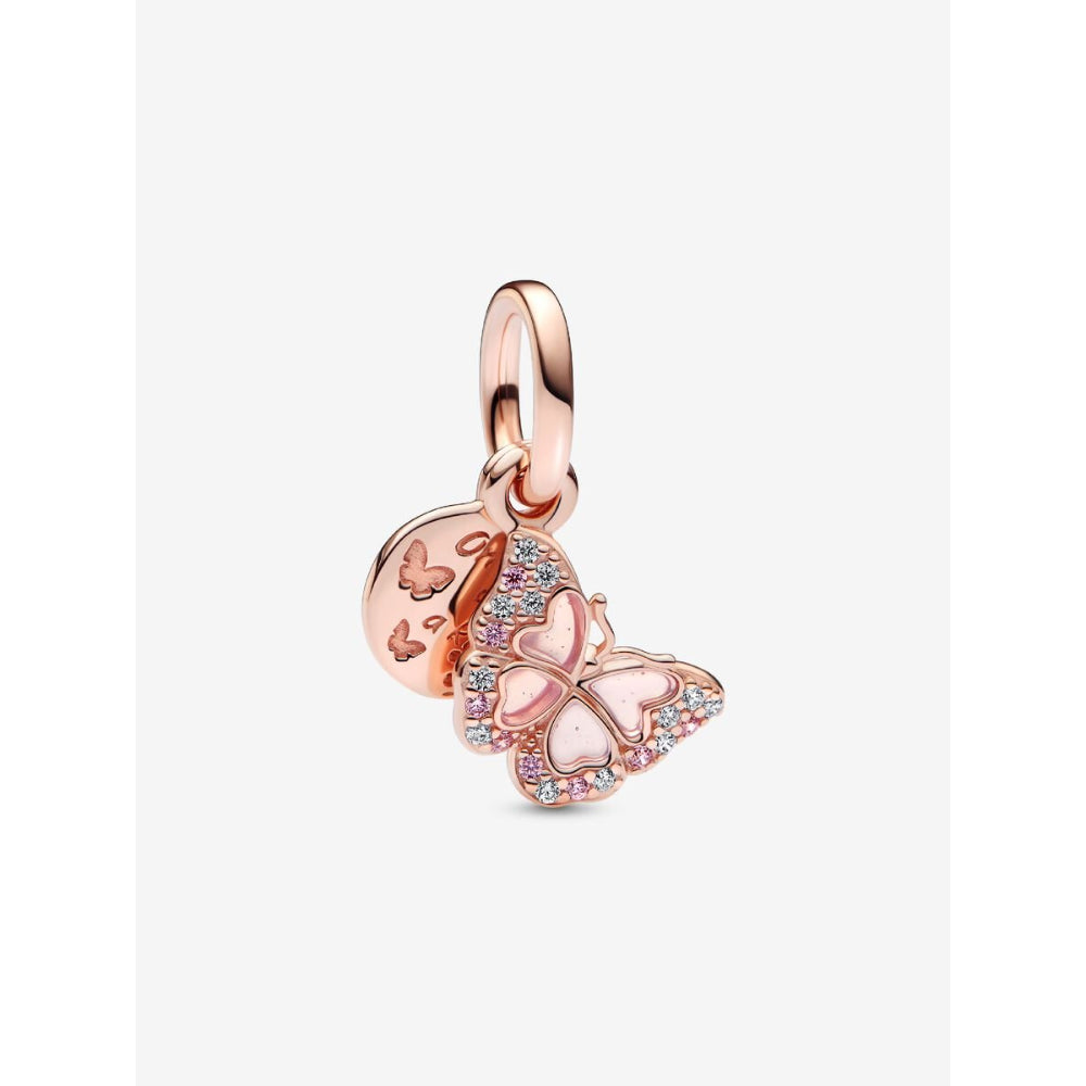 Pandora 14K Rose Gold Plated Pink Butterfly & Quote Double Dangle Charm Image 1