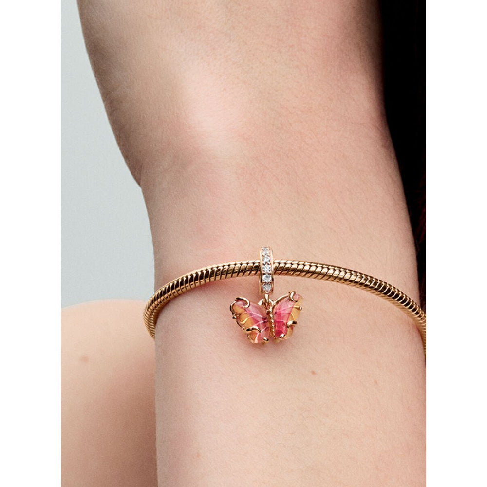 Pandora 14K Rose Gold Plated Pink & Yellow Murano Glass Butterfly Dangle Charm Image 2
