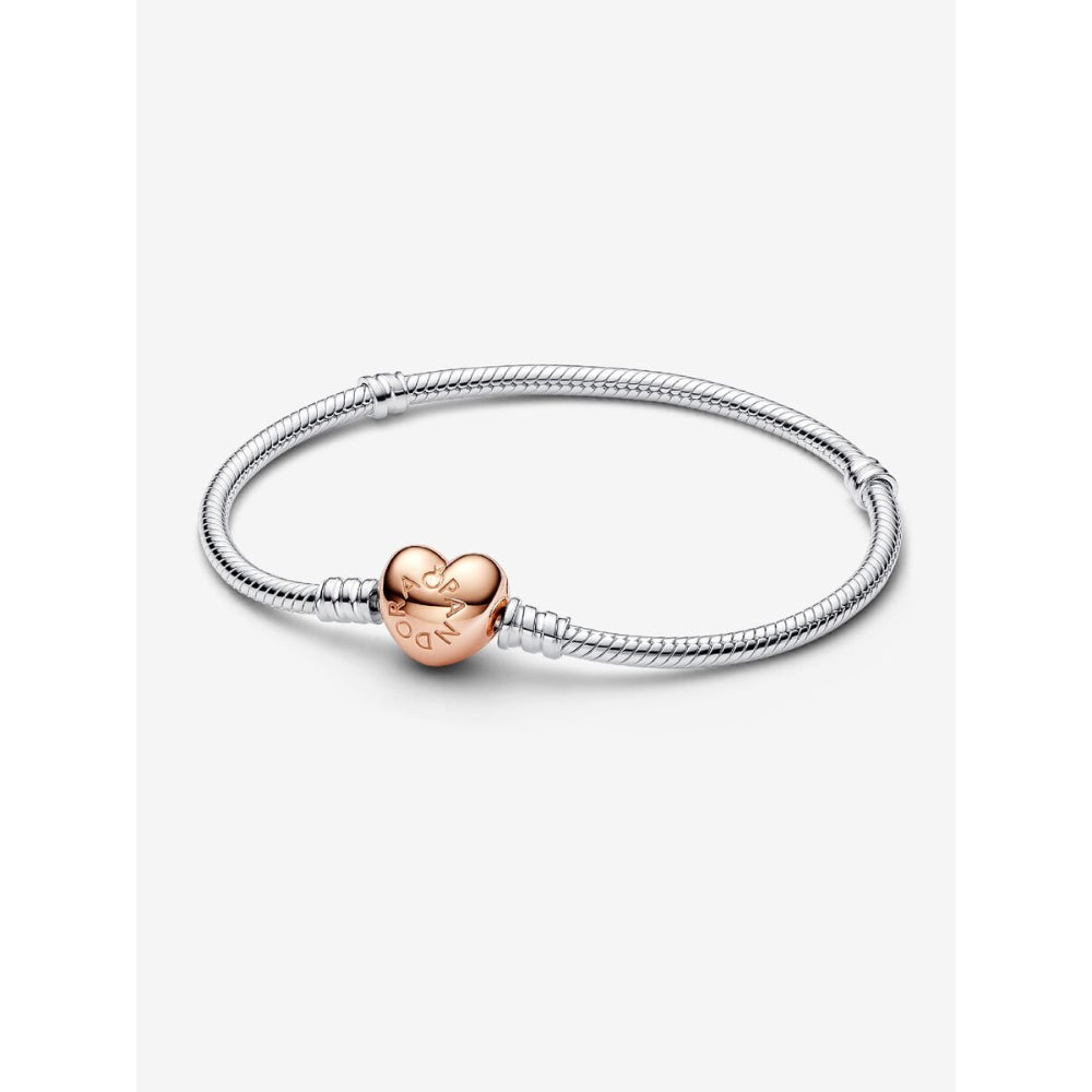 Pandora 14K Rose Gold Plated Sterling Silver Heart & Snake Chain Bracelet Image 1