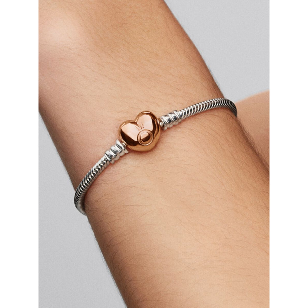 Pandora 14K Rose Gold Plated Sterling Silver Heart & Snake Chain Bracelet Image 2
