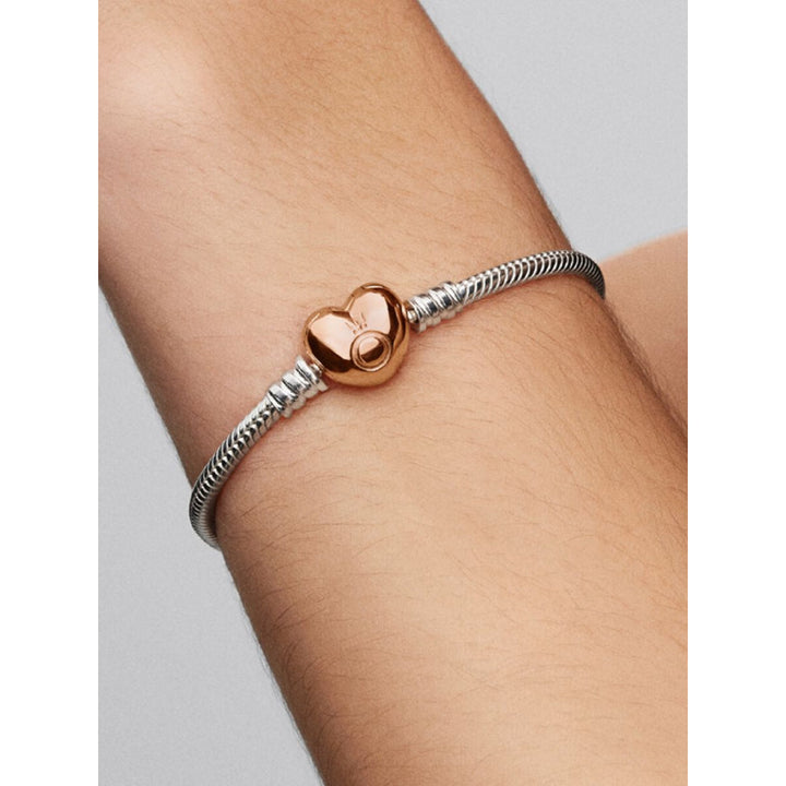 Pandora 14K Rose Gold Plated Sterling Silver Heart & Snake Chain Bracelet Image 2