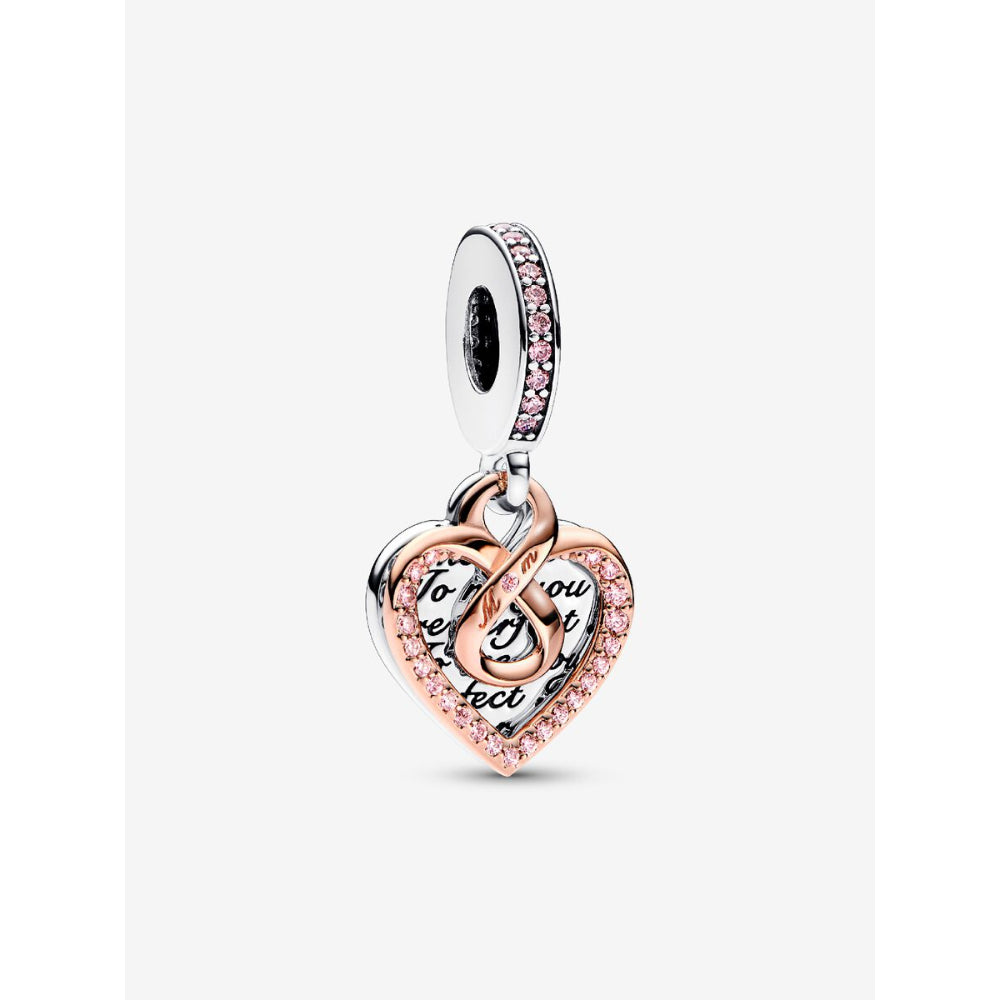 Pandora 14K Rose Gold Plated Sterling Silver Two - Tone Infinity Mum Heart Double Dangle Charm Image 1