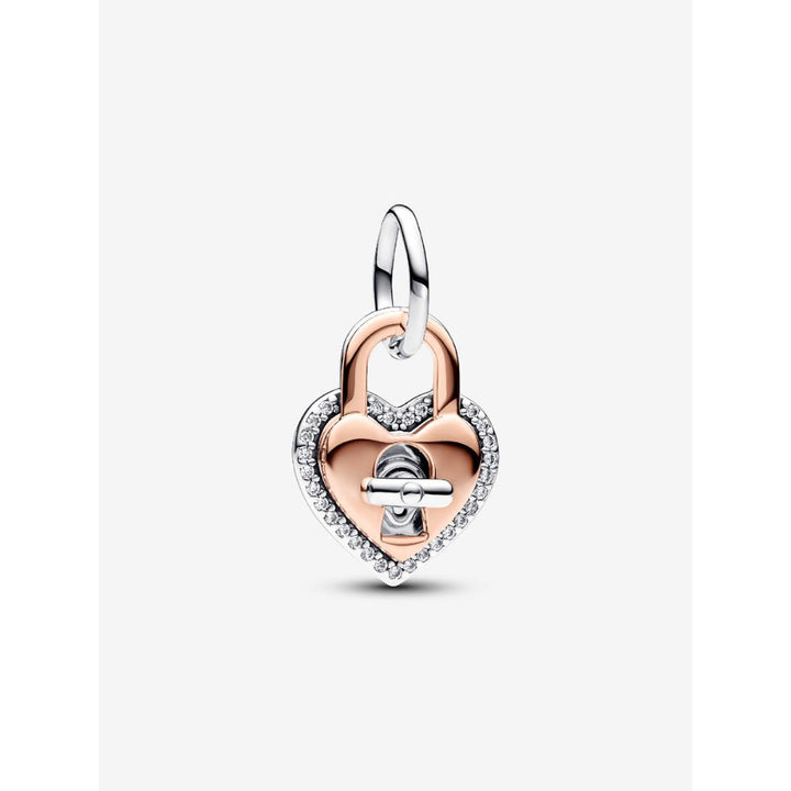 Pandora 14K Rose Gold Plated Sterling Silver Two - Tone Twistable Heart Padlock Double Dangle Charm Image 1