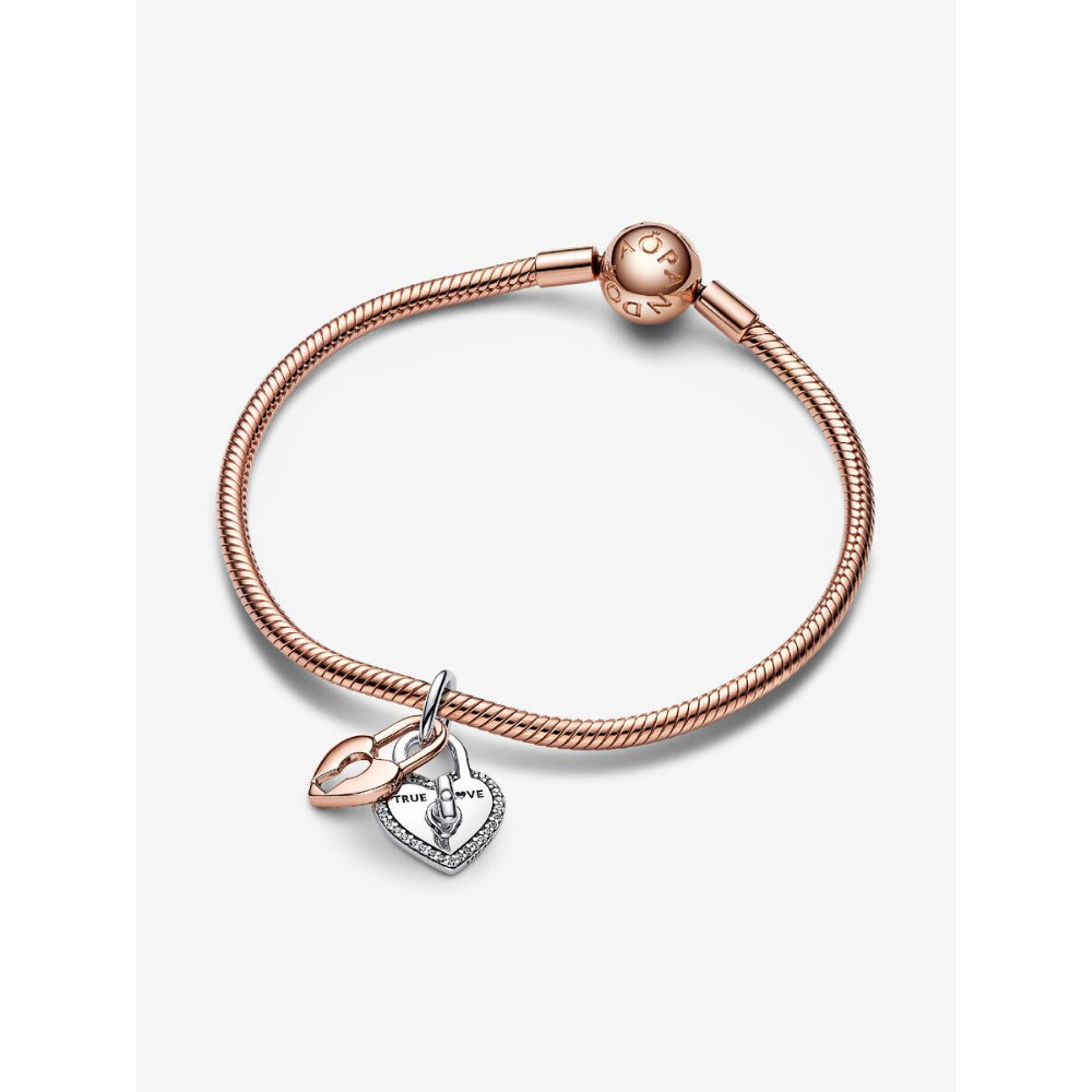 Pandora 14K Rose Gold Plated Sterling Silver Two - Tone Twistable Heart Padlock Double Dangle Charm Image 6