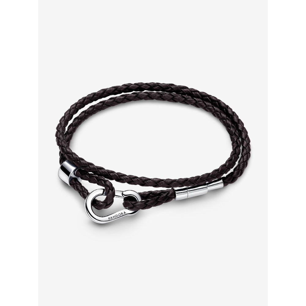 Pandora Moments Sterling Silver Brown Braided Double Leather Bracelet Image 1