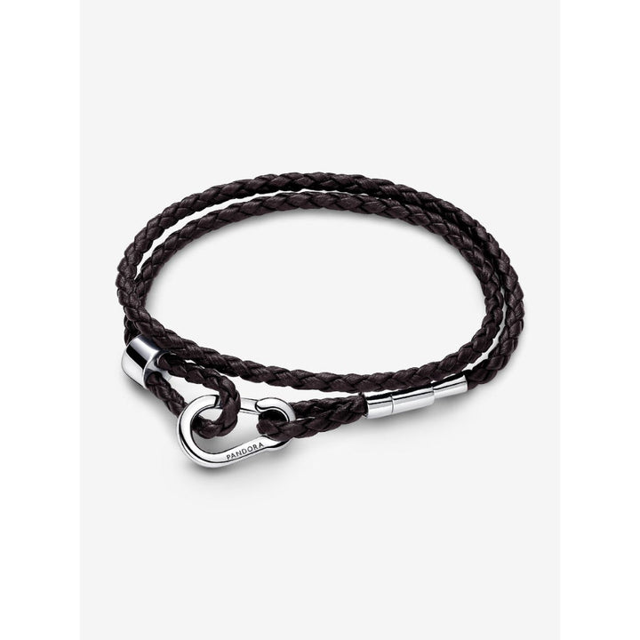 Pandora Moments Sterling Silver Brown Braided Double Leather Bracelet Image 1