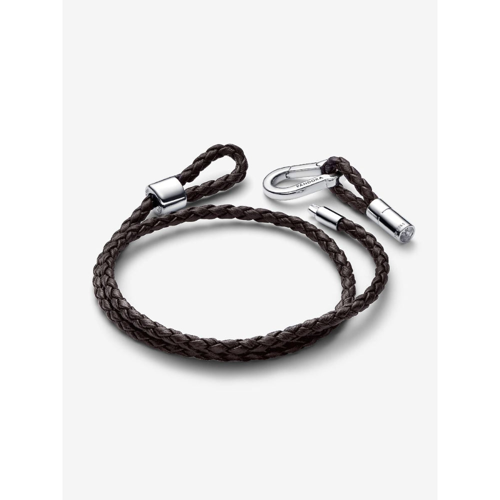 Pandora Moments Sterling Silver Brown Braided Double Leather Bracelet Image 5