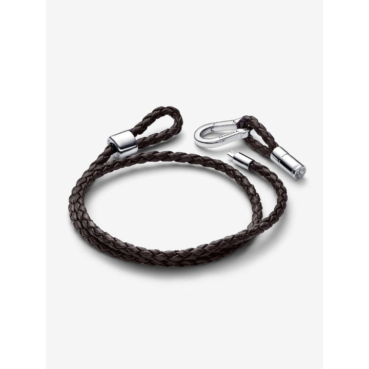Pandora Moments Sterling Silver Brown Braided Double Leather Bracelet Image 5