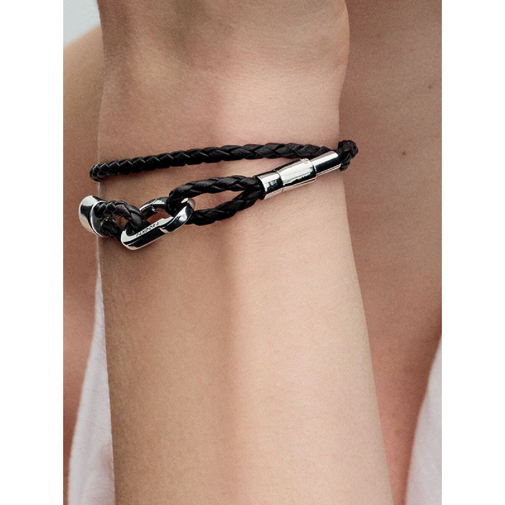 Pandora Moments Sterling Silver Brown Braided Double Leather Bracelet Image 2