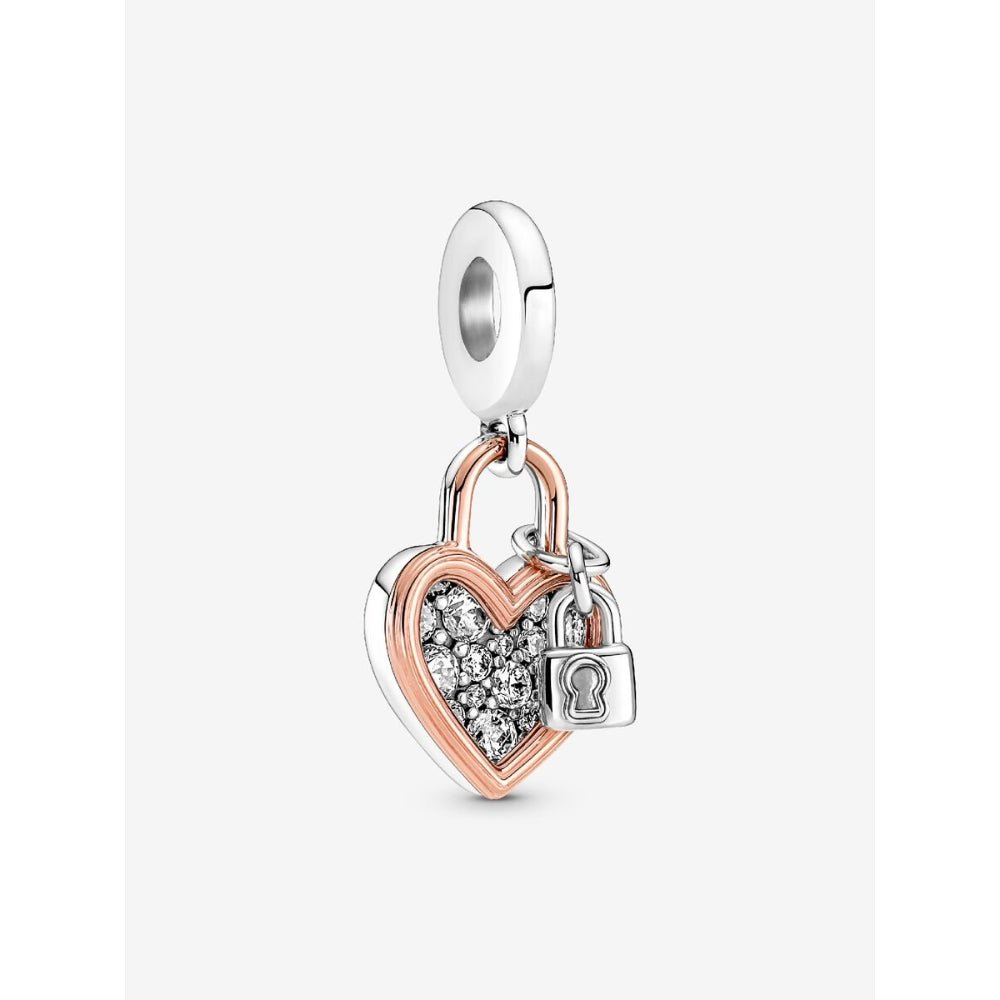 Pandora Rose Gold Plated Silver Heart Padlock Double Dangle Charm - MococoPandora780087C015700302964363Charms