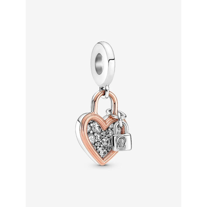Pandora Rose Gold Plated Silver Heart Padlock Double Dangle Charm - MococoPandora780087C015700302964363Charms
