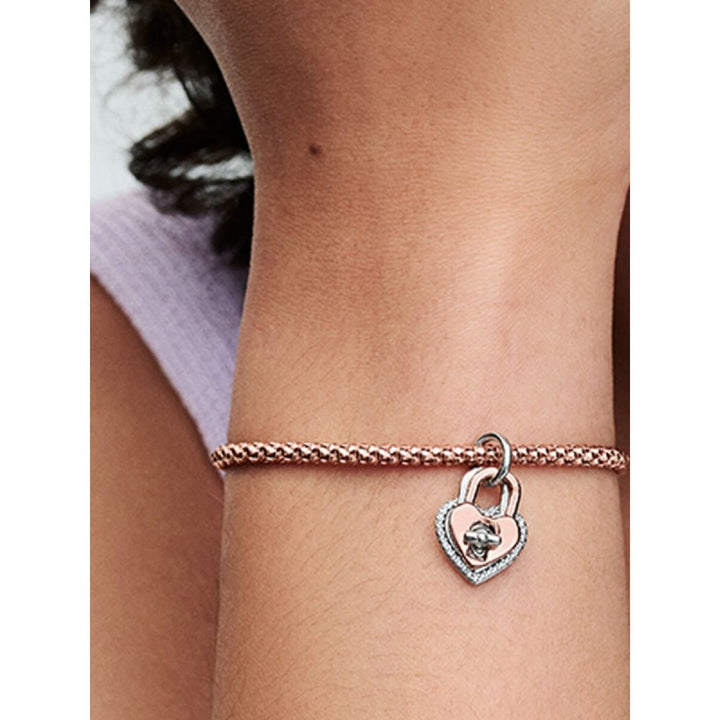 Pandora Rose Gold Plated Silver Two - Tone Twistable Heart Padlock Double Dangle Charm - MococoPandora783079C015700303092539Charms