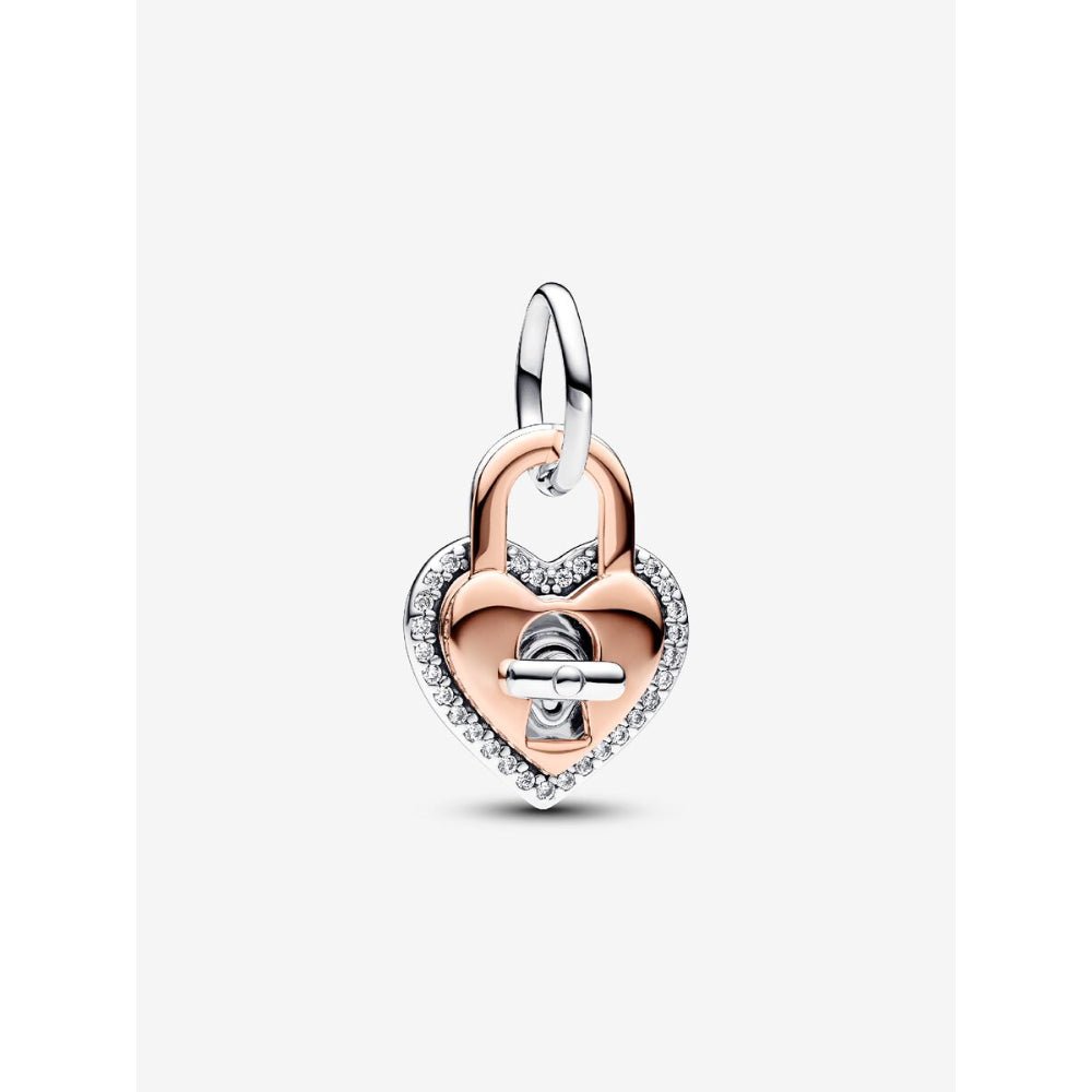Pandora Rose Gold Plated Silver Two - Tone Twistable Heart Padlock Double Dangle Charm - MococoPandora783079C015700303092539Charms