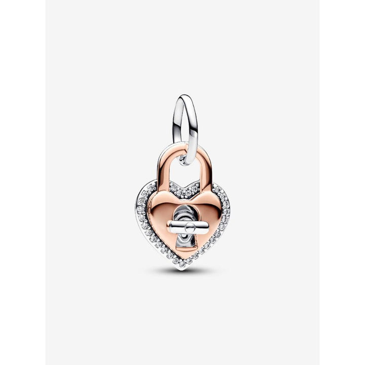 Pandora Rose Gold Plated Silver Two - Tone Twistable Heart Padlock Double Dangle Charm - MococoPandora783079C015700303092539Charms