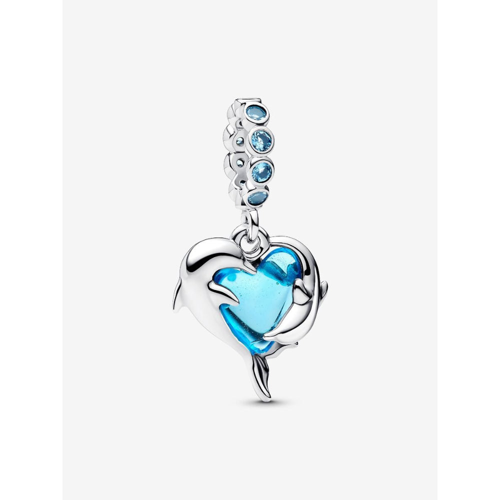 Pandora Sterling Silver Blue Murano Glass Dolphins Dangle Charm Image 1
