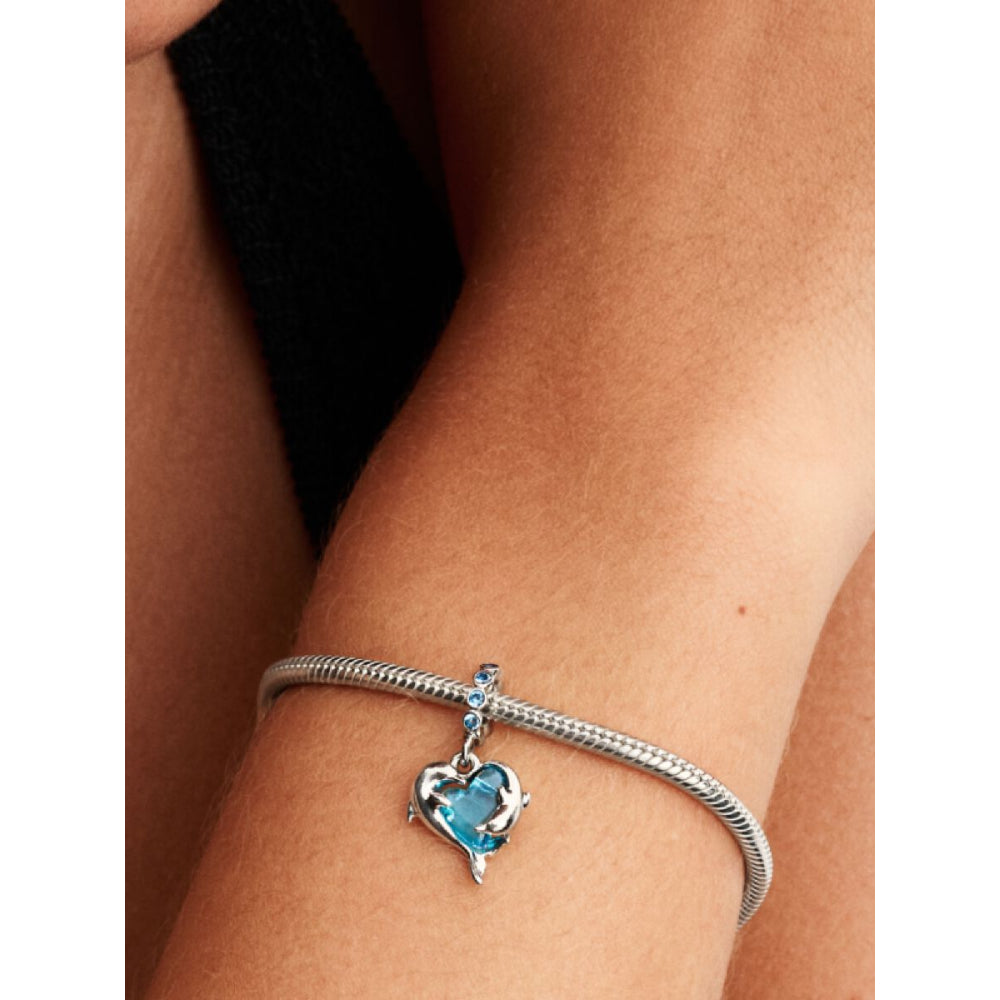 Pandora Sterling Silver Blue Murano Glass Dolphins Dangle Charm Image 2