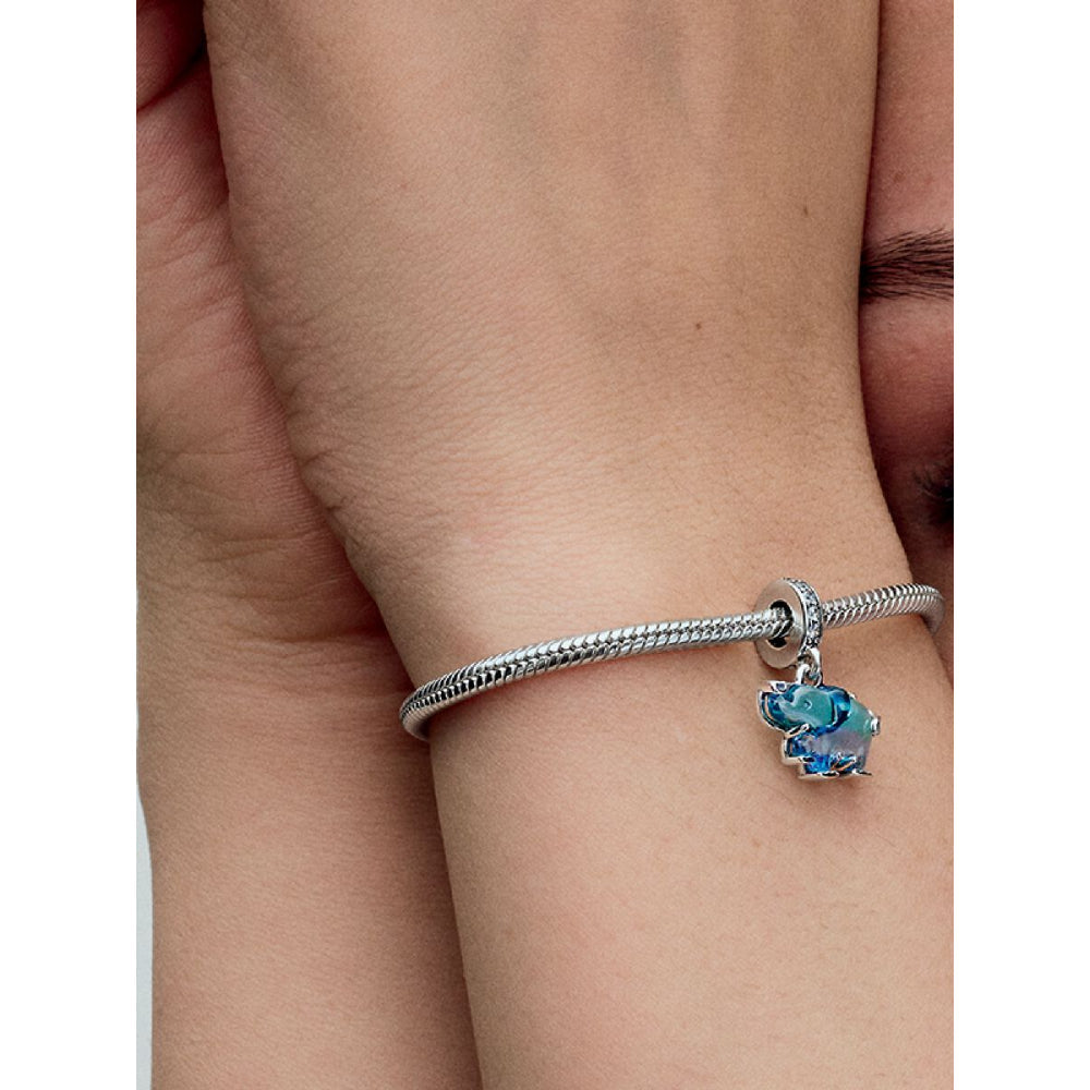 Pandora Sterling Silver Blue Murano Glass Elephant Dangle Charm Image 2