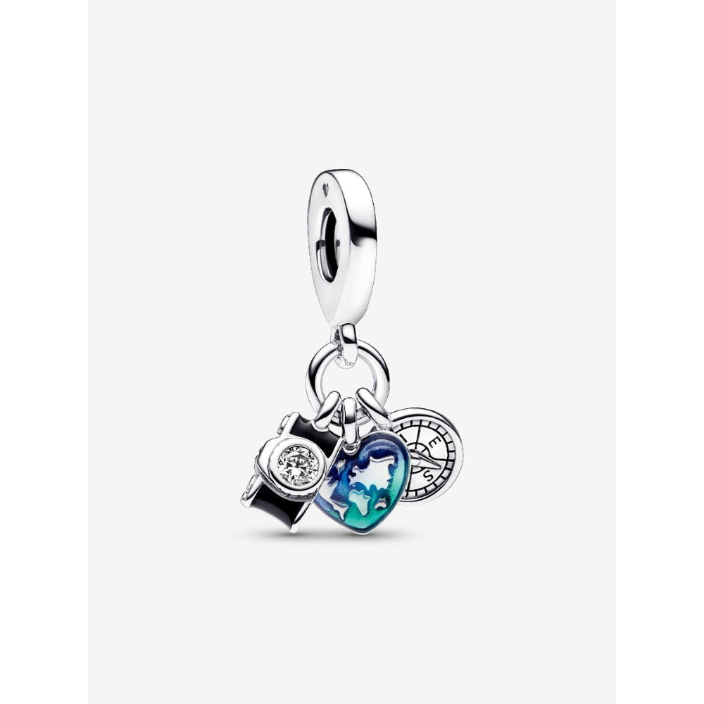 Pandora Sterling Silver Camera, Heart & Compass Triple Dangle Charm Image 1