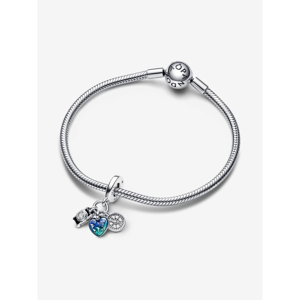 Pandora Sterling Silver Camera, Heart & Compass Triple Dangle Charm Image 4
