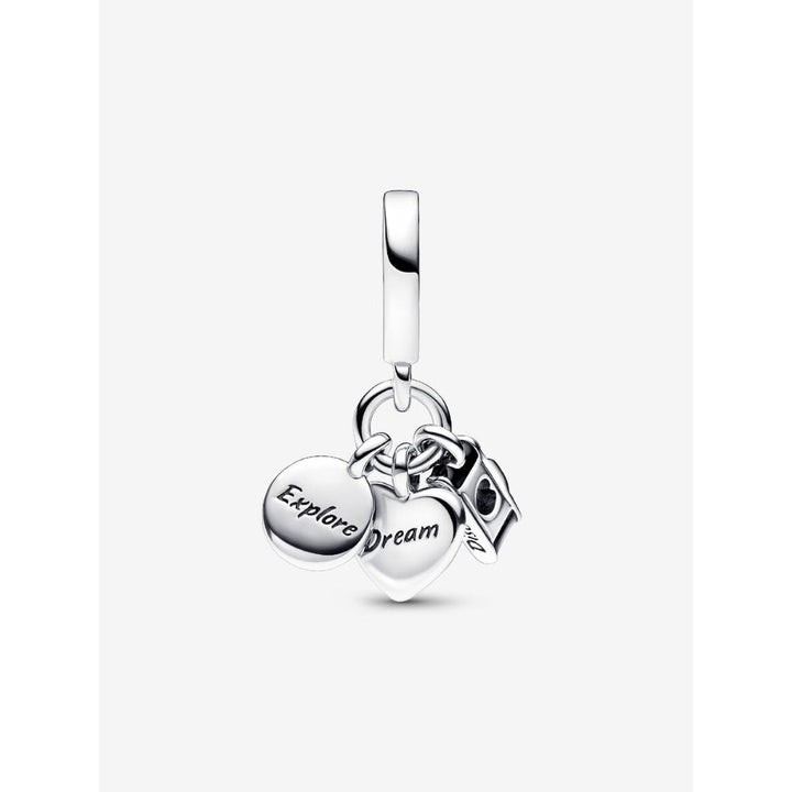 Pandora Sterling Silver Camera, Heart & Compass Triple Dangle Charm Image 5