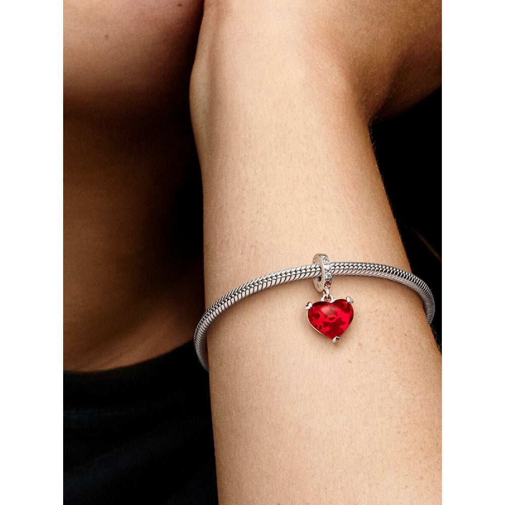 Pandora Sterling Silver Disney Mickey & Minnie Mouse Kiss Red Murano Glass Dangle Charm Image 2