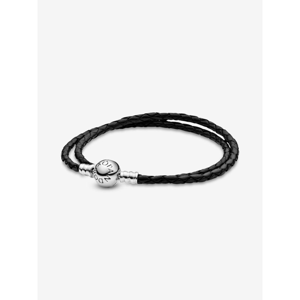 Pandora Sterling Silver Double Black Leather Bracelet Image 1