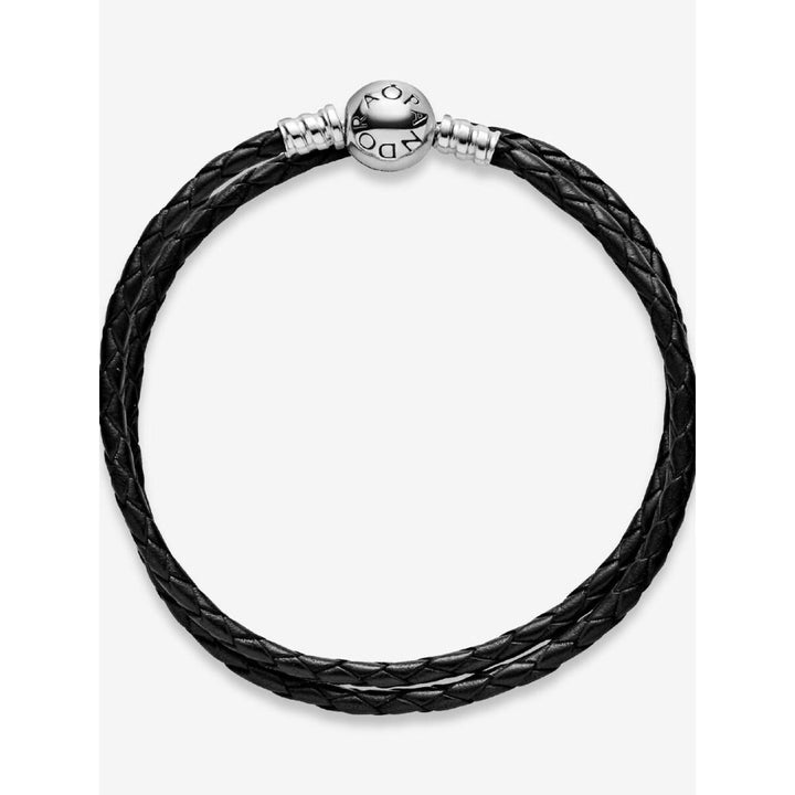 Pandora Sterling Silver Double Black Leather Bracelet Image 4
