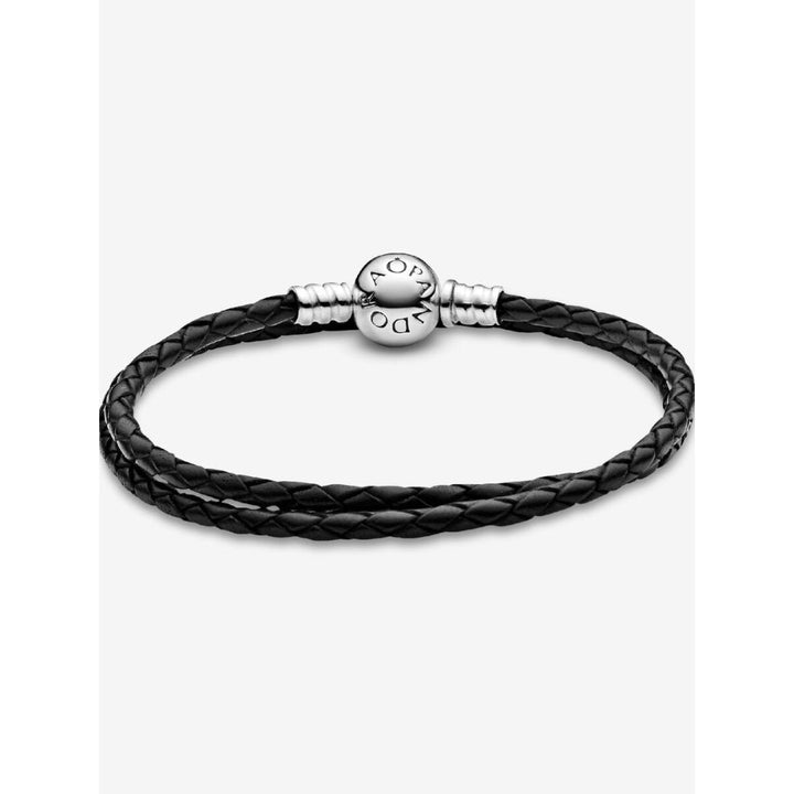 Pandora Sterling Silver Double Black Leather Bracelet Image 5