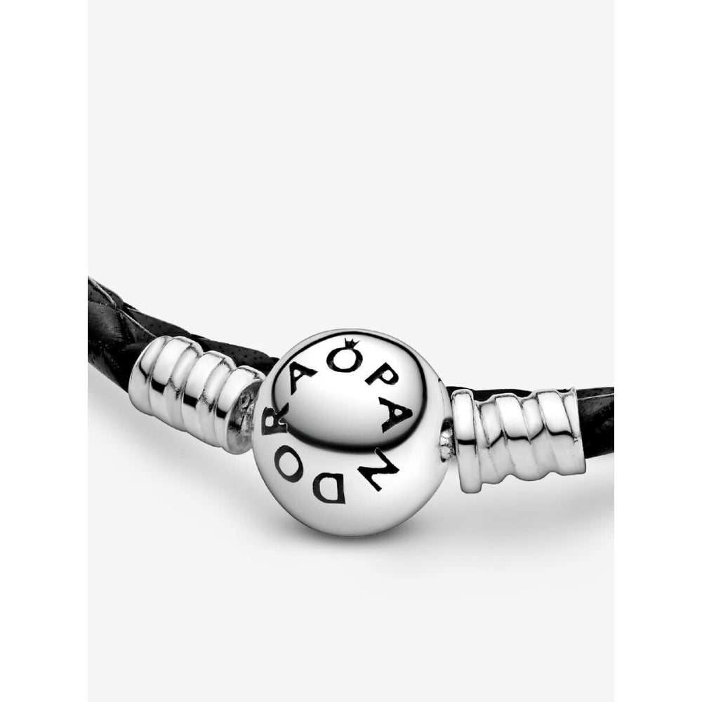 Pandora Sterling Silver Double Black Leather Bracelet Image 6