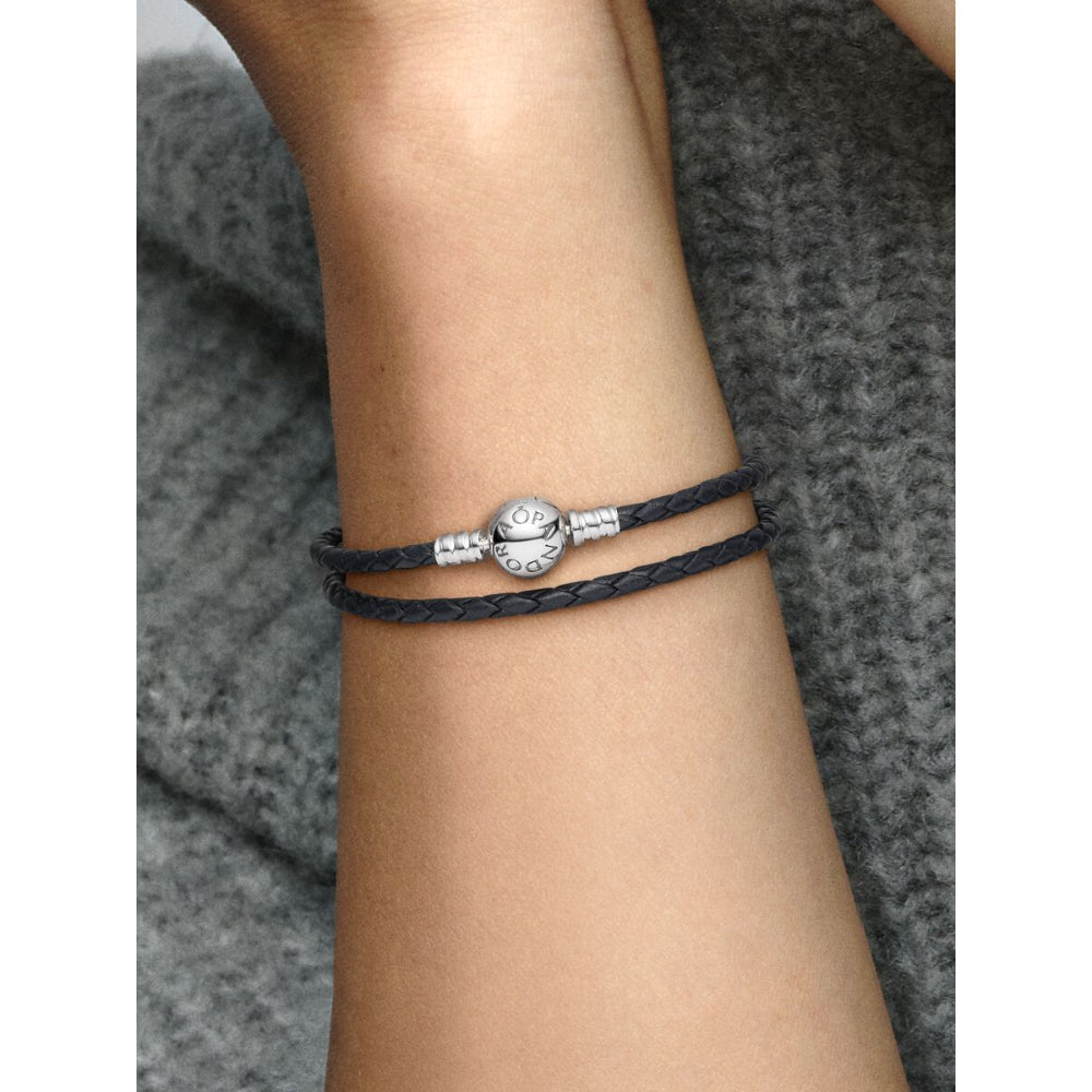 Pandora Sterling Silver Double Black Leather Bracelet Image 2