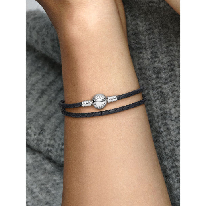 Pandora Sterling Silver Double Black Leather Bracelet Image 2