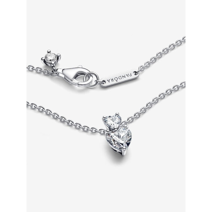 Pandora Sterling Silver Double Heart Pendant Sparkling Collier Necklace Image 6
