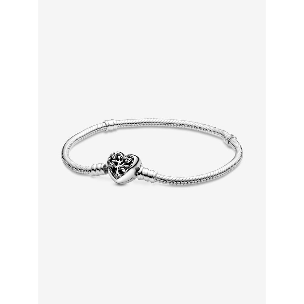 Pandora Sterling Silver Family Tree Heart Clasp Snake Chain Bracelet Image 1