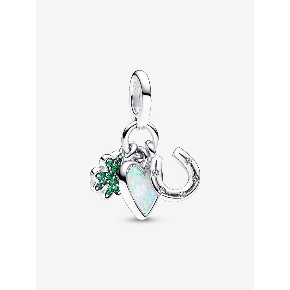 Pandora Sterling Silver Four Leaf Clover, Heart and Horseshoe Triple Dangle Charm Image 1