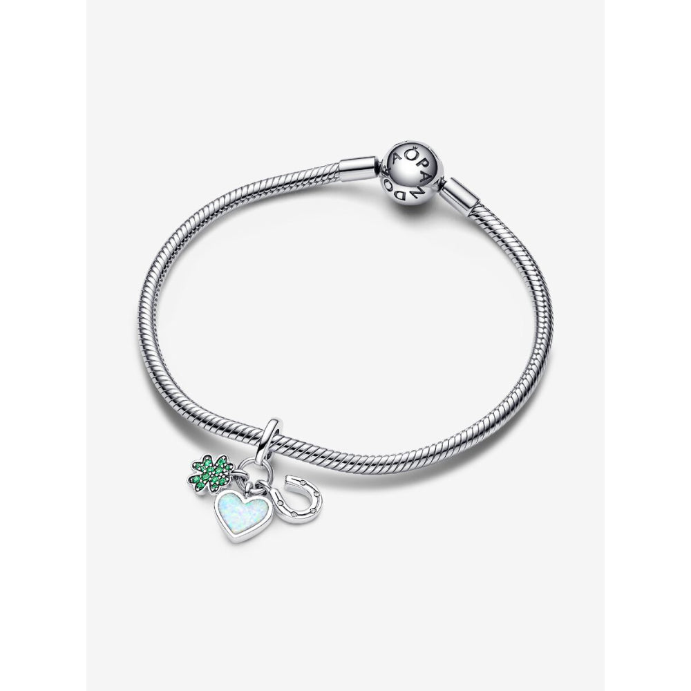 Pandora Sterling Silver Four Leaf Clover, Heart and Horseshoe Triple Dangle Charm Image 4