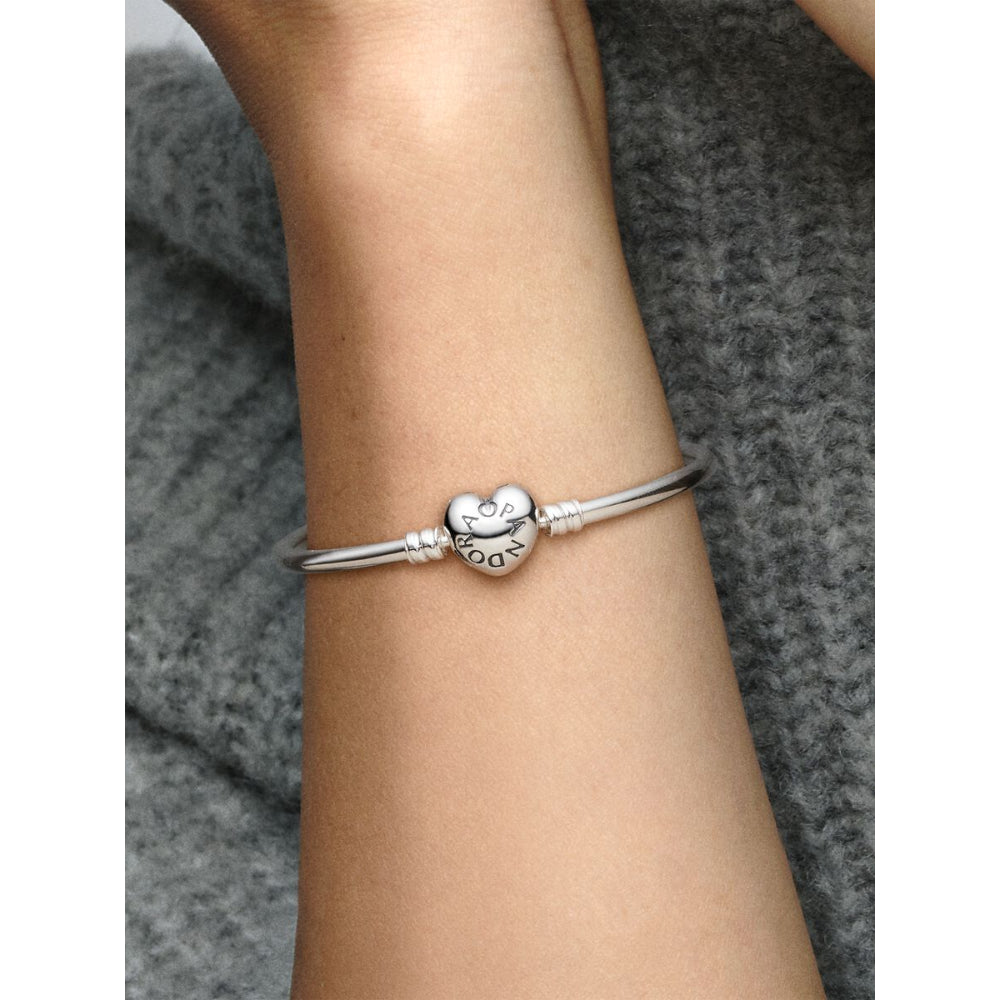 Pandora Sterling Silver Logo Heart Clasp Bangle Image 2