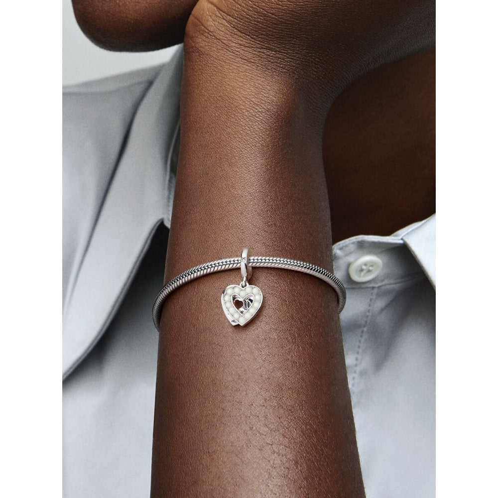 Pandora Sterling Silver Pearlescent White Heart Mum Double Dangle Charm Image 2