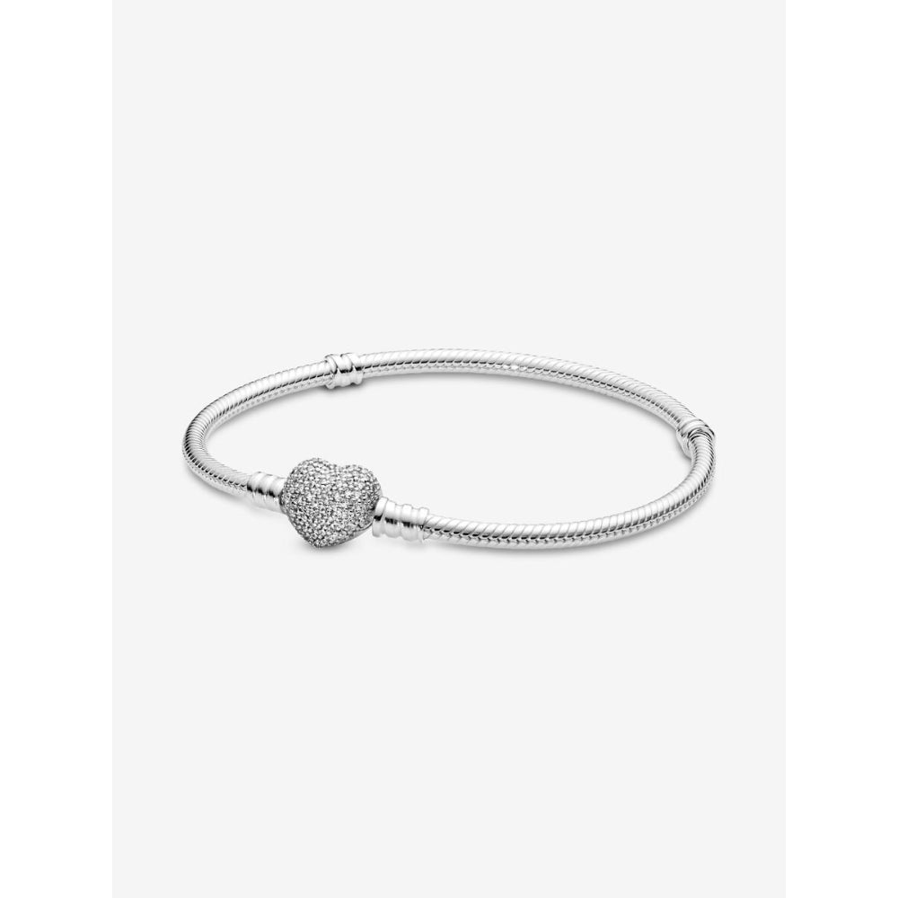 Pandora Sterling Silver Sparkling Heart & Snake Chain Bracelet Image 1